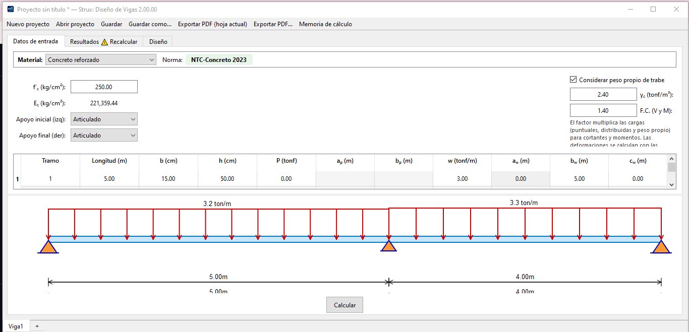 Strux - Datos de entrada para viga de concreto reforzado