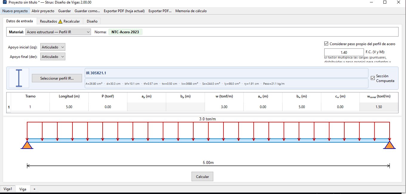 Strux - Datos de entrada para viga de acero estructural